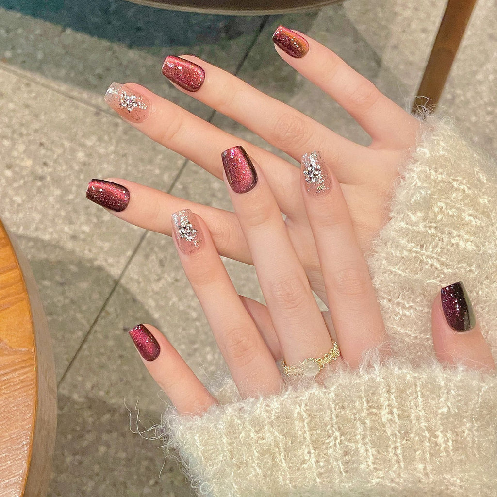 Handmade Press On Nails Short Coffin The crystal stone starry night