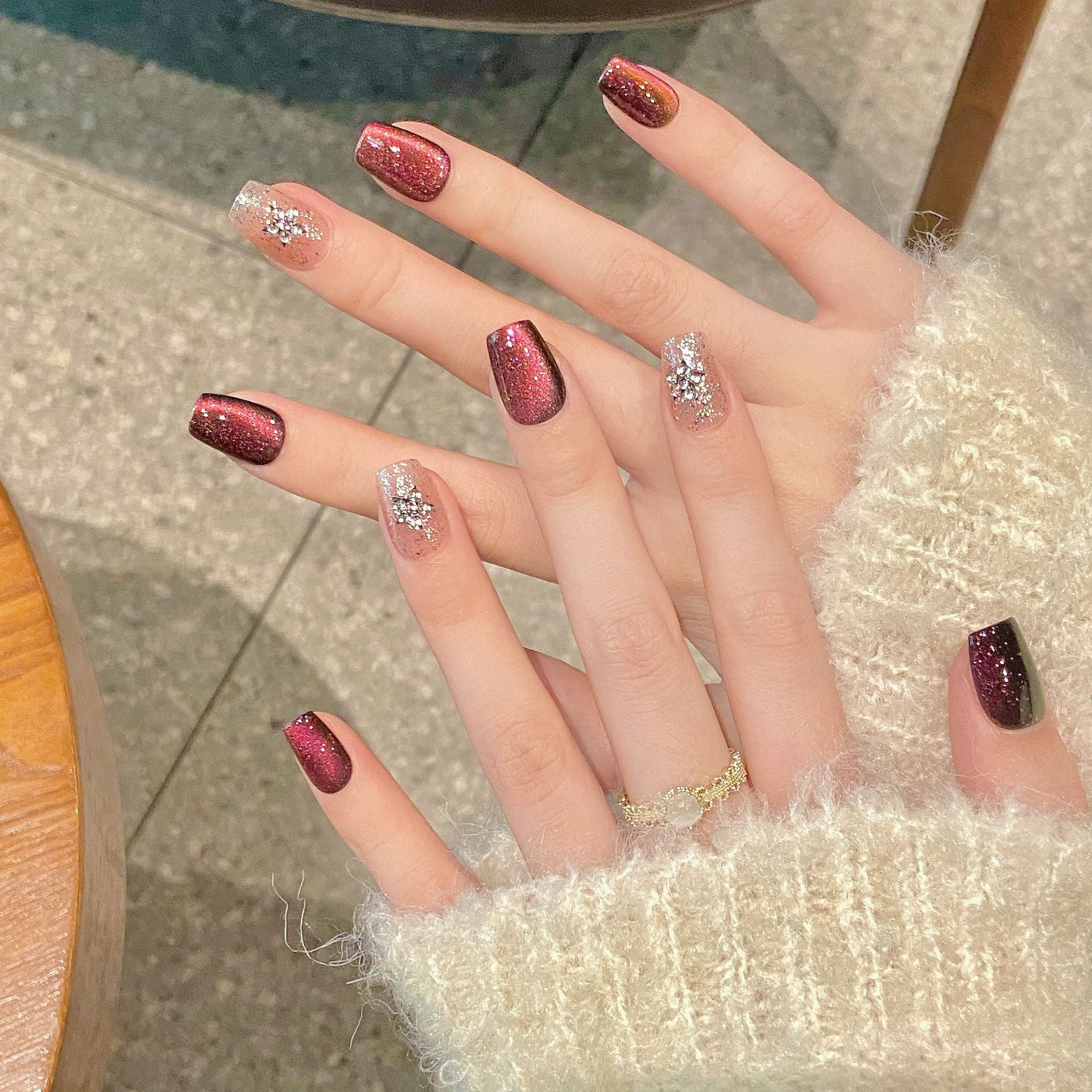 Handmade Press On Nails Short Coffin The crystal stone starry night