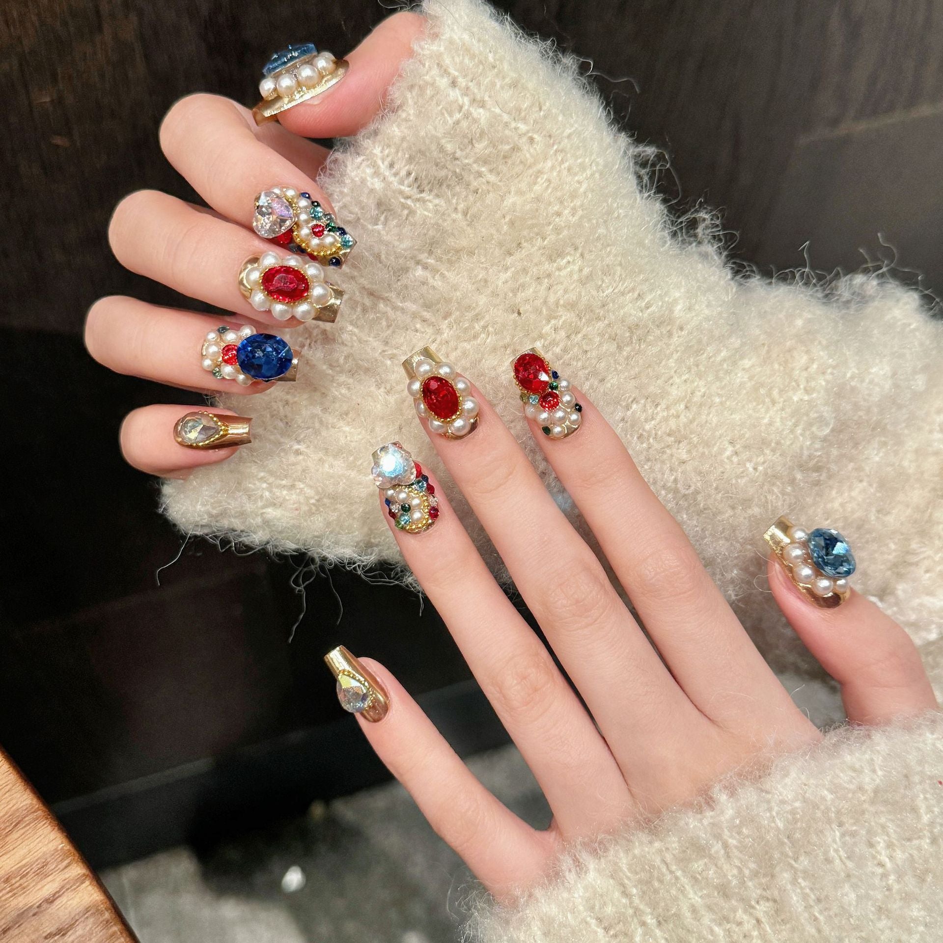 Handmade Press On Nails Medium Coffin CP gemstone