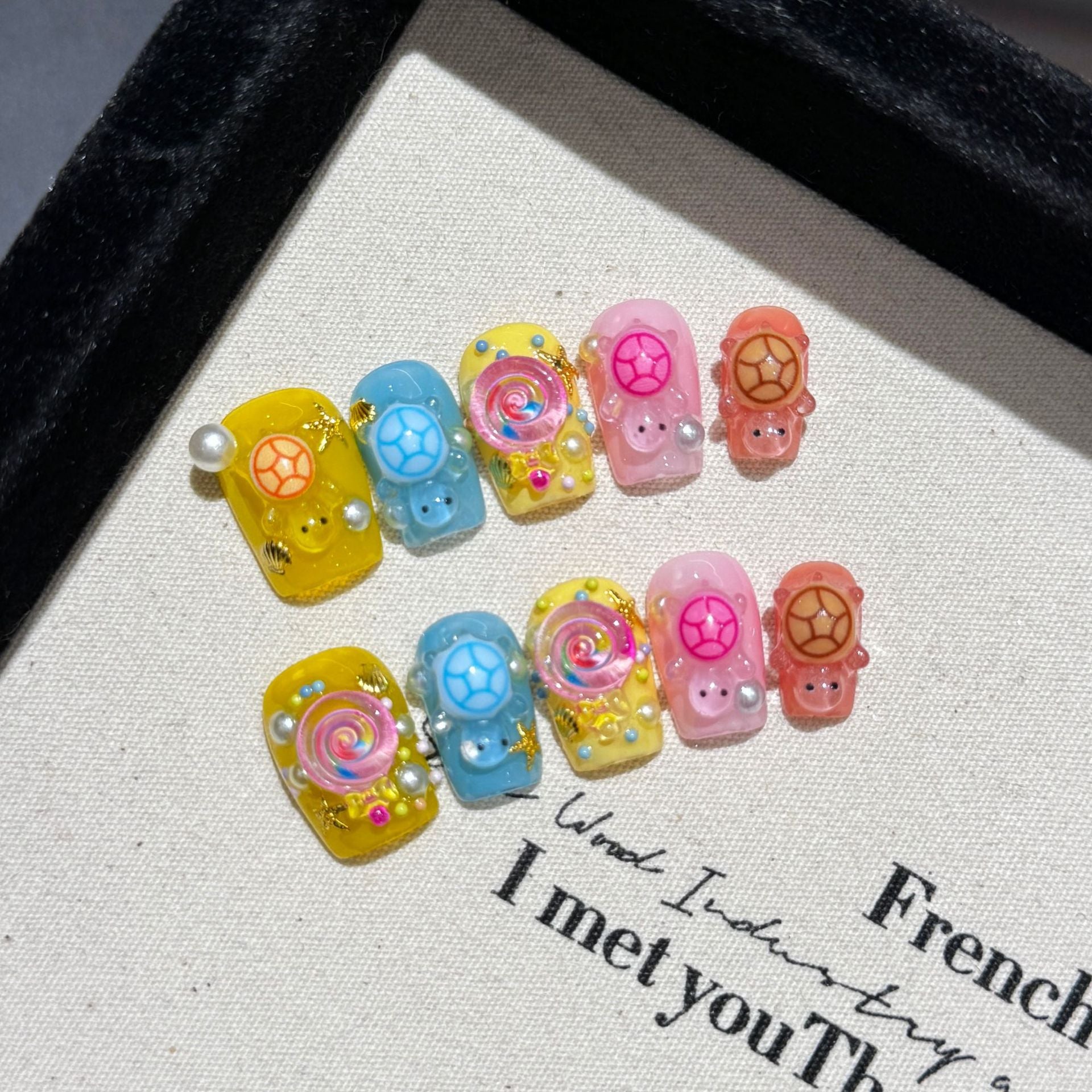 Handmade Press On Nails Short Coffin Turtles touch each other