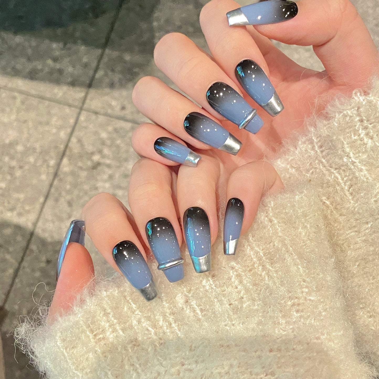 Handmade Press On Nails Long Coffin Two color gradient metal