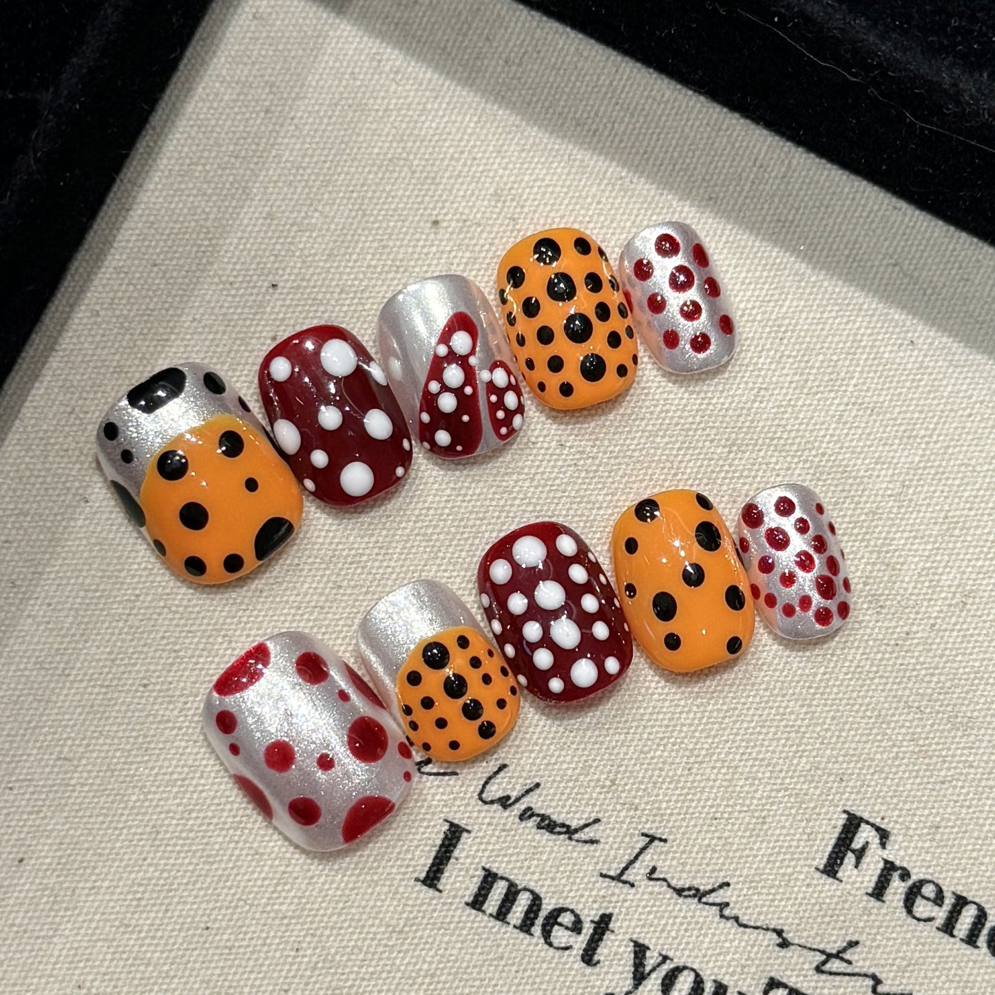 Handmade Press On Nails Short Square Ladybird dopamine