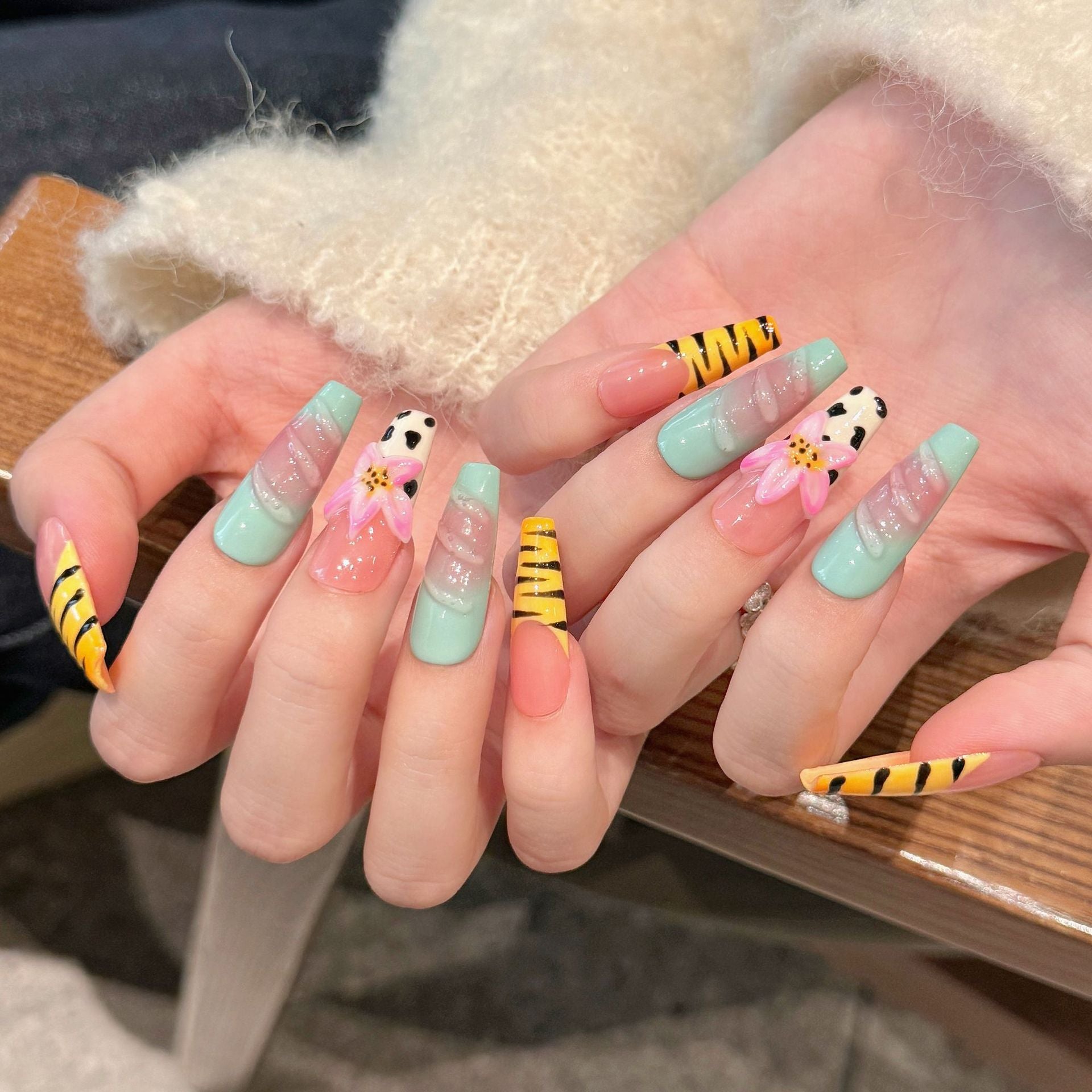 Handmade Press On Nails Long Coffin Zebra hippie