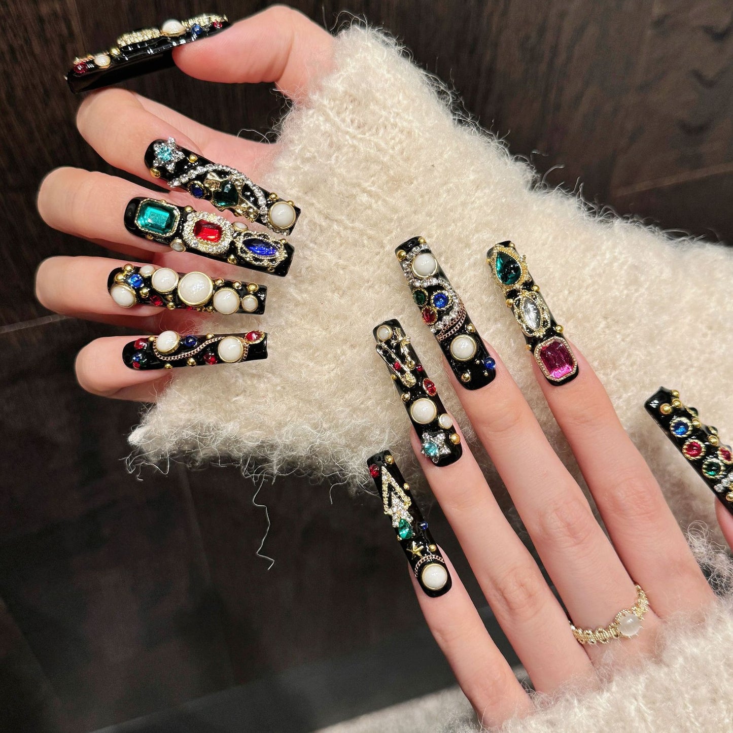 Handmade Press On Nails Extra-Long Coffin Exotic charm