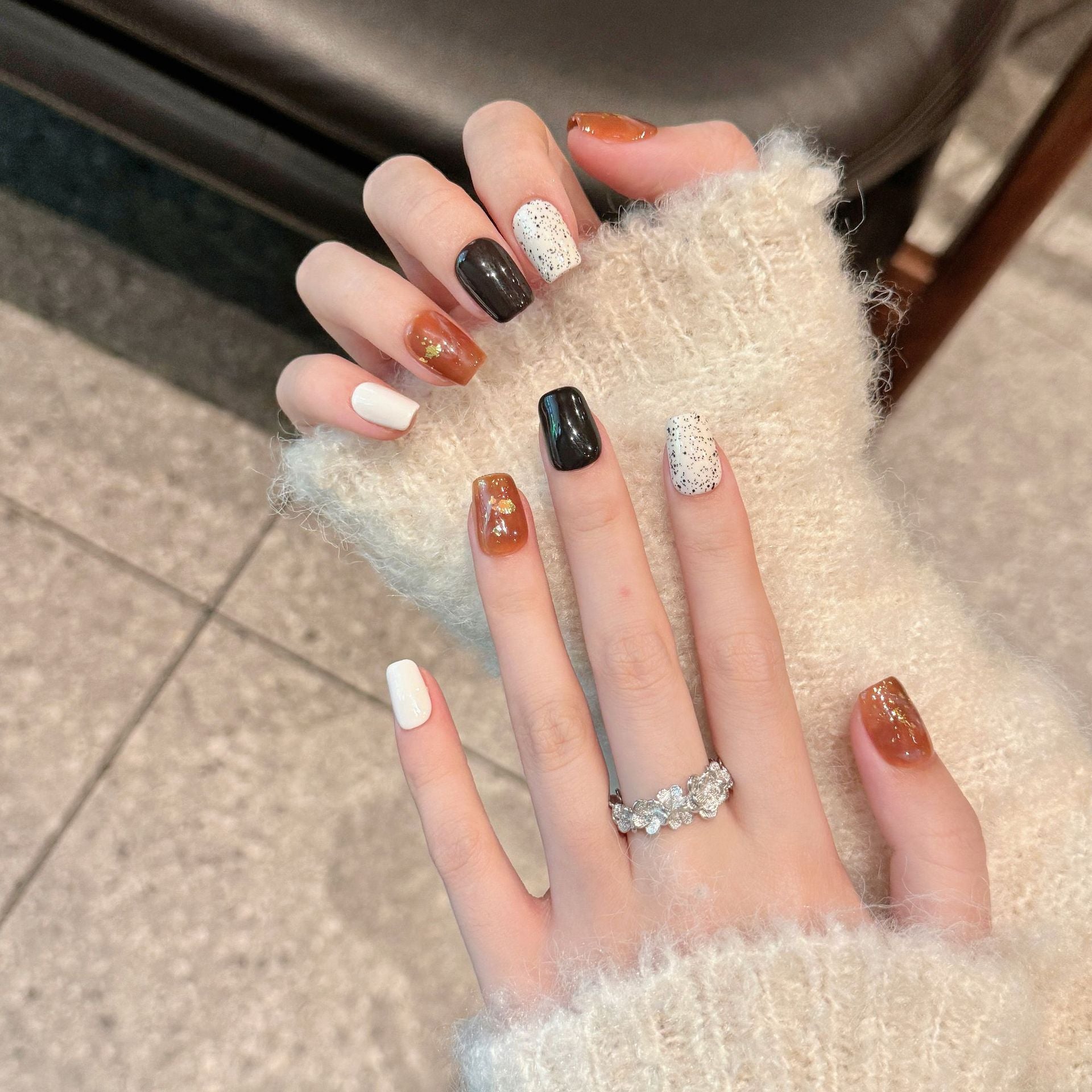 Handmade Press On Nails Short Coffin Smudged amber