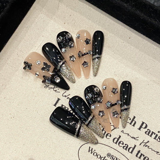 Handmade Press On Nails Long Stiletto Black gold star