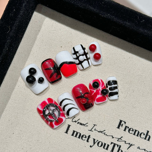 Handmade Press On Nails Short Coffin Black and red Goth Cyber