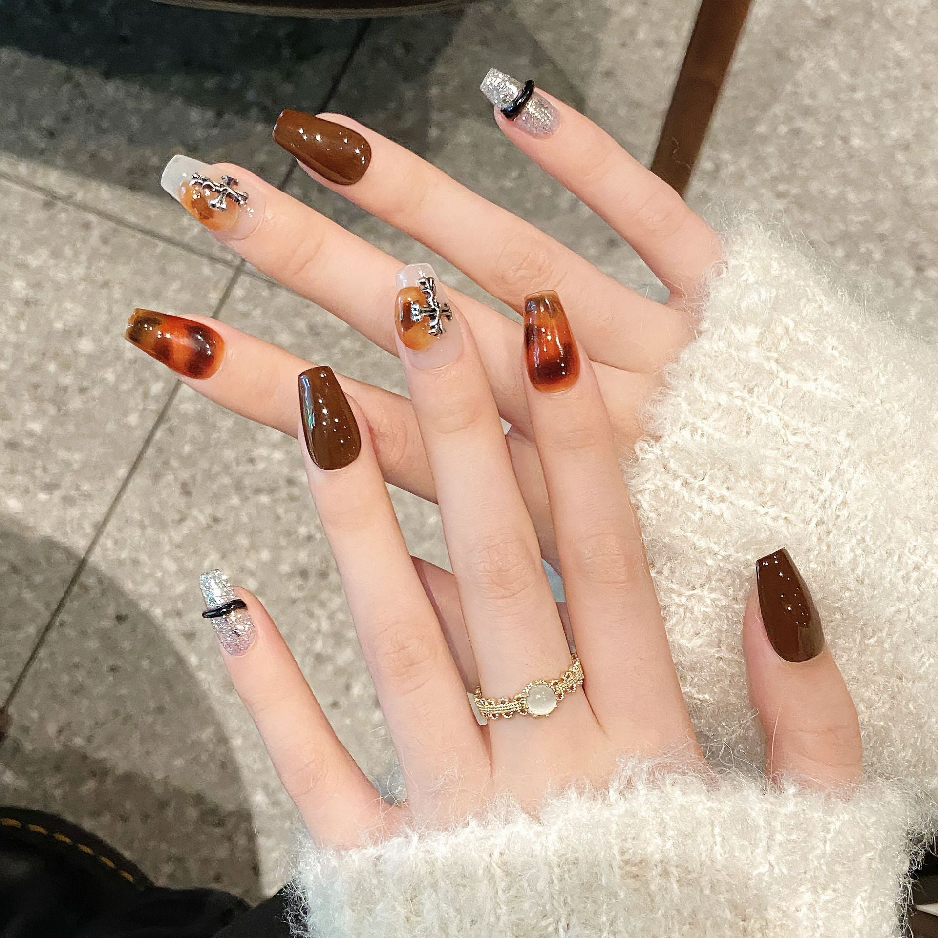 Handmade Press On Nails Short Coffin Golden days
