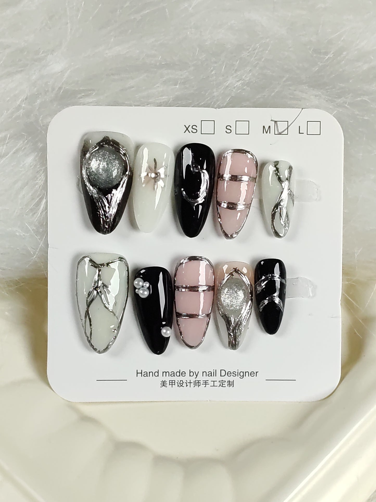 Black, white and pink Handmade nails YH0021