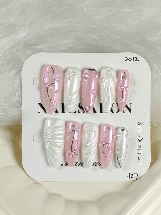 Pink and white design Handmade nails YH0028