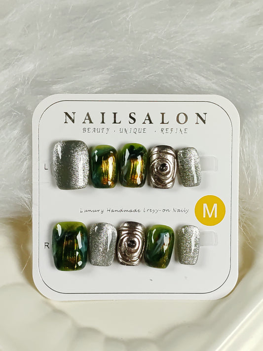 Dark green and silver design Handmade nails YH0029