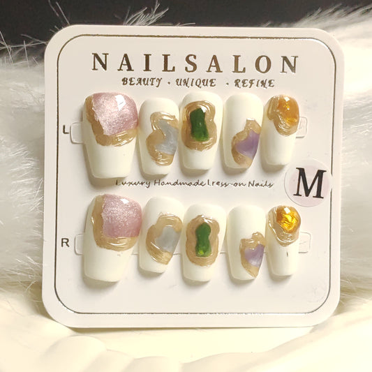 Colorful white Handmade nails YH0042