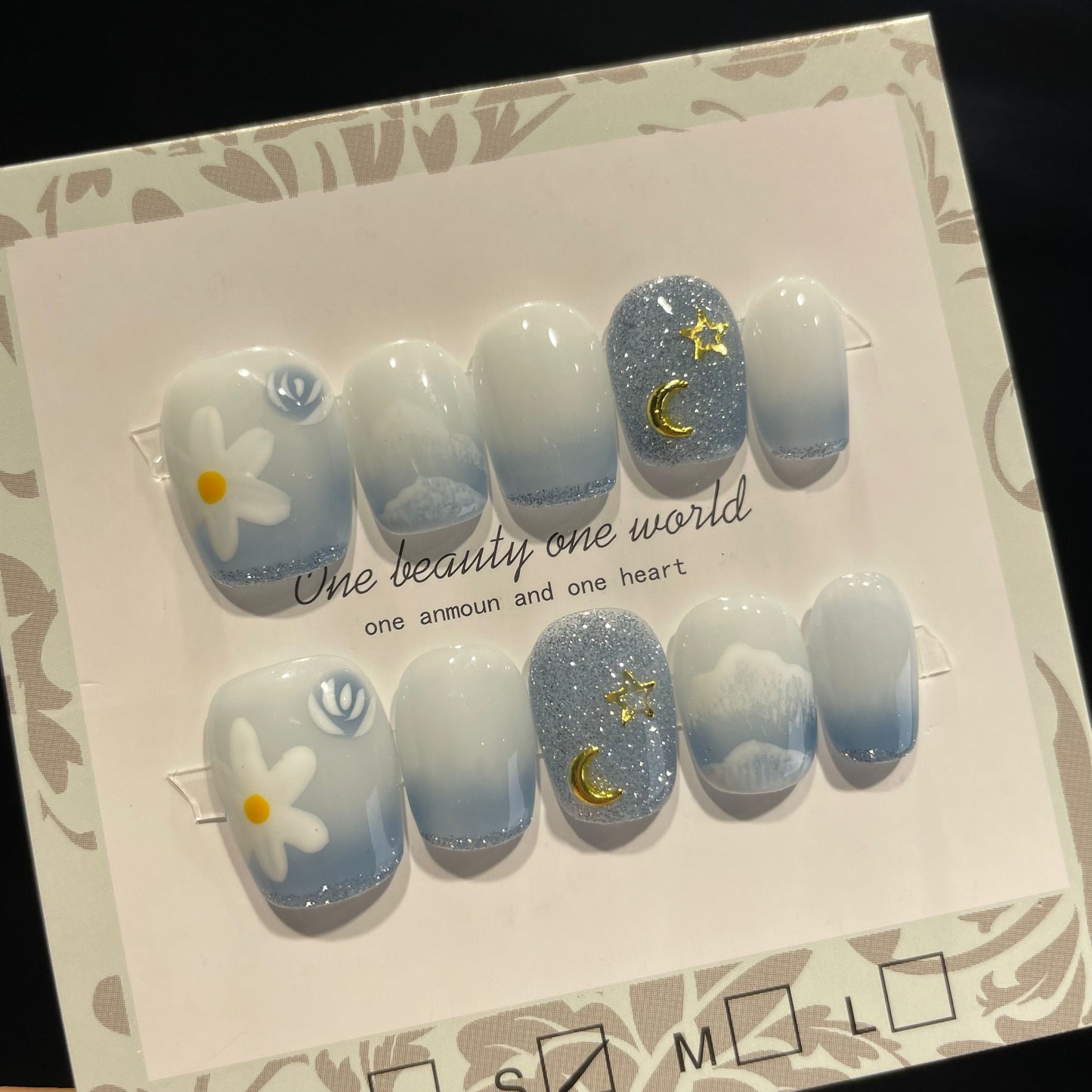 Handmade Press On Nails Short Square Blue sky and white clouds