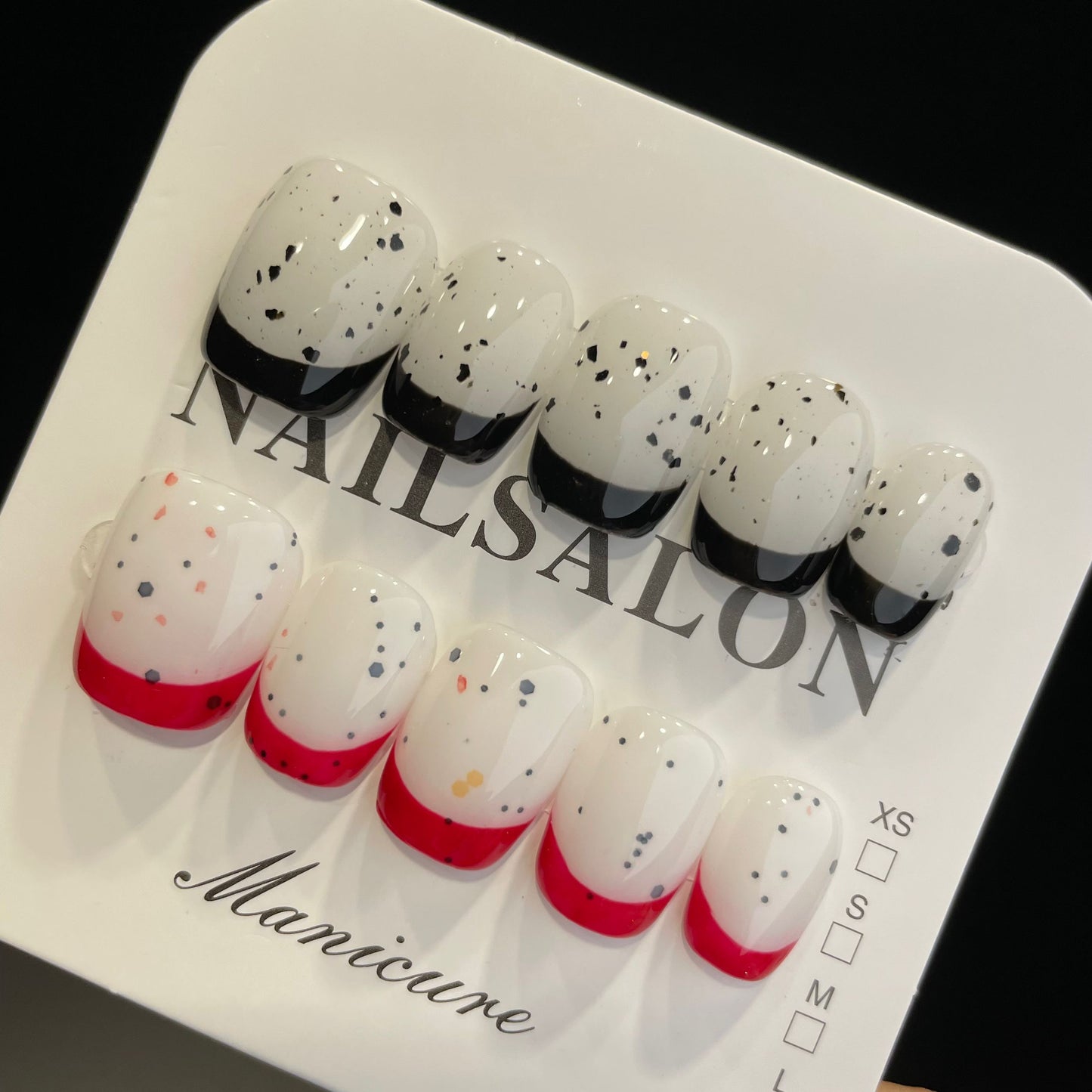 Handmade Press On Nails Short Square Black and red spots