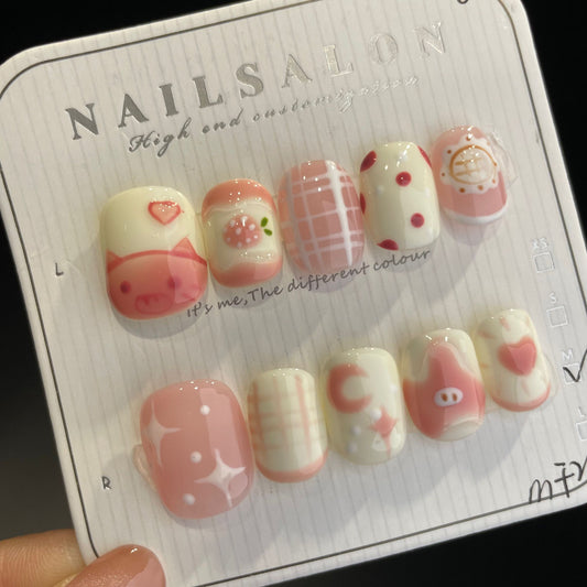 Handmade Press On Nails Short Square Cute pig