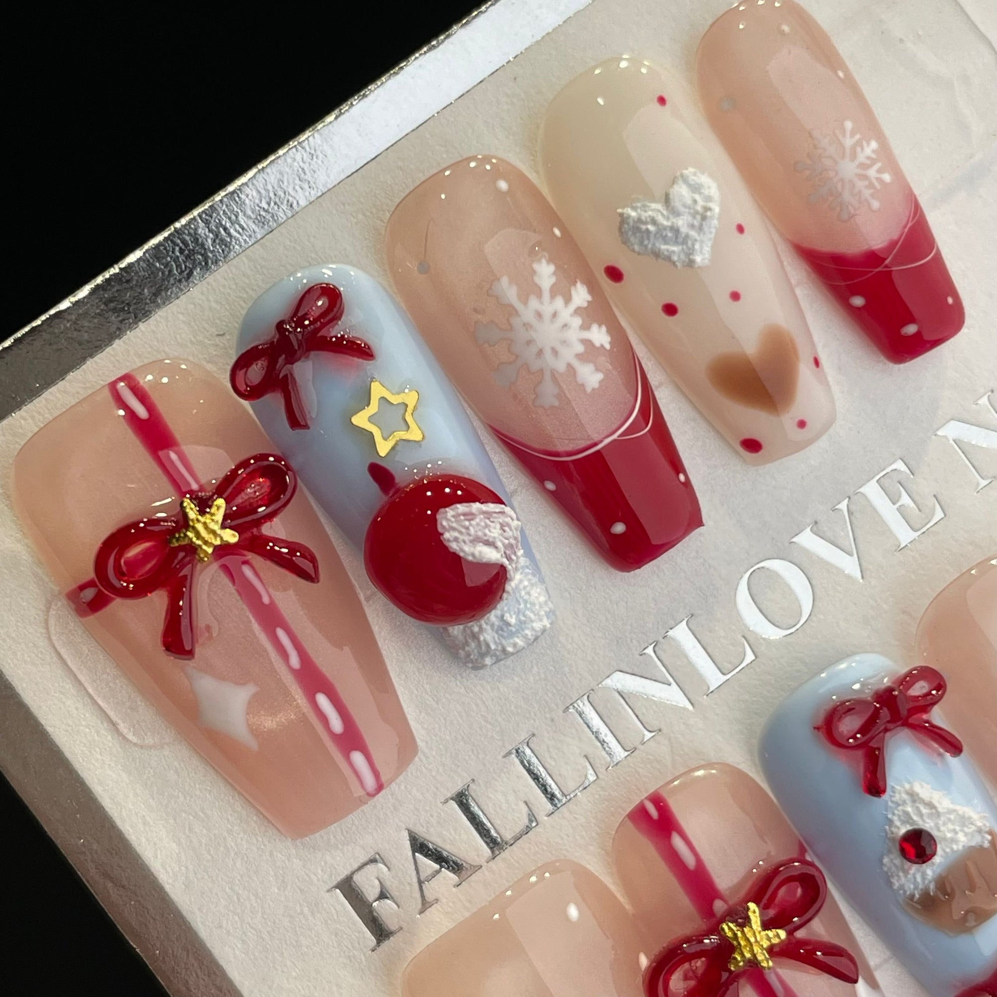 Handmade Press On Nails Long Coffin Pink and blue Apple gift box-YiH