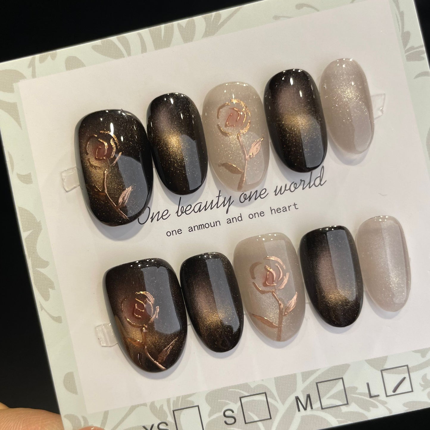 Handmade Press On Nails Short Oval Black gold rose