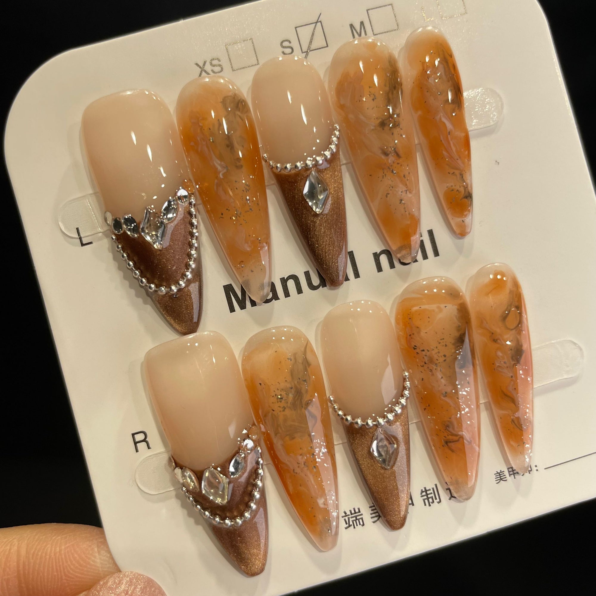 Handmade Press On Nails Long Stiletto Brown cat eye with orange-YiH