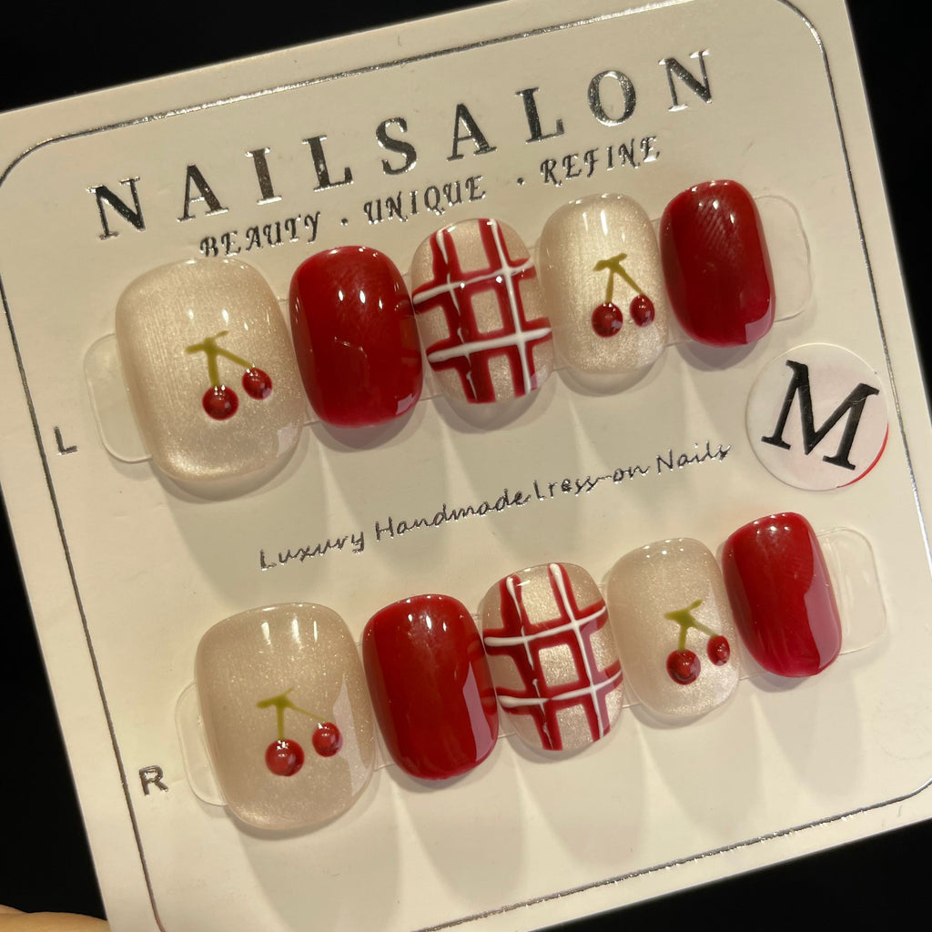 Handmade Press On Nails Short Square Red cherry check-YiH