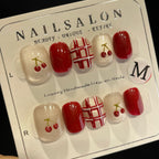 Handmade Press On Nails Short Square Red cherry check-YiH