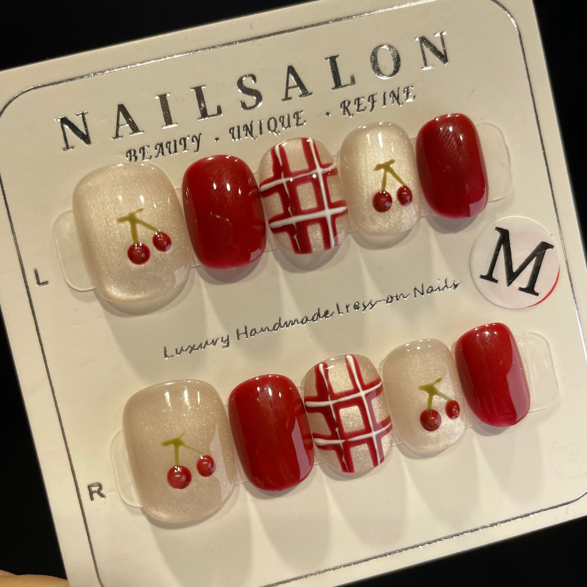 Handmade Press On Nails Short Square Red cherry check-YiH