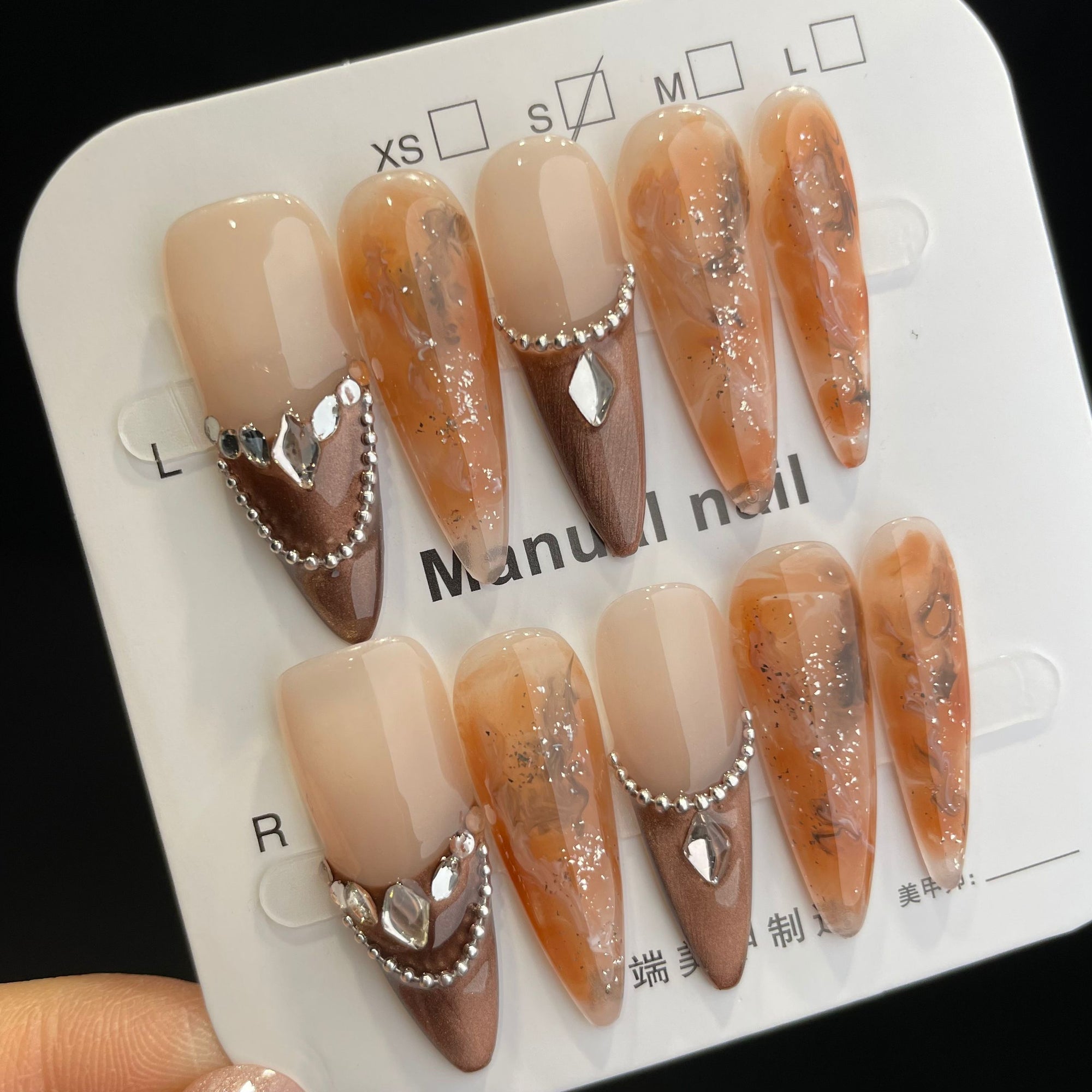 Handmade Press On Nails Long Stiletto Brown cat eye with orange-YiH