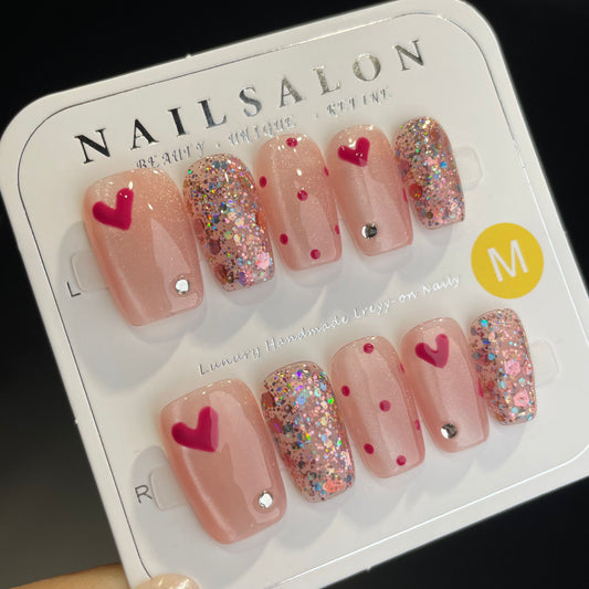 Handmade Press On Nails Medium Coffin Heart glitter