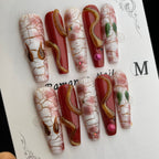 Handmade Press On Nails Extra-Long Coffin Brick red snake scale-YiH