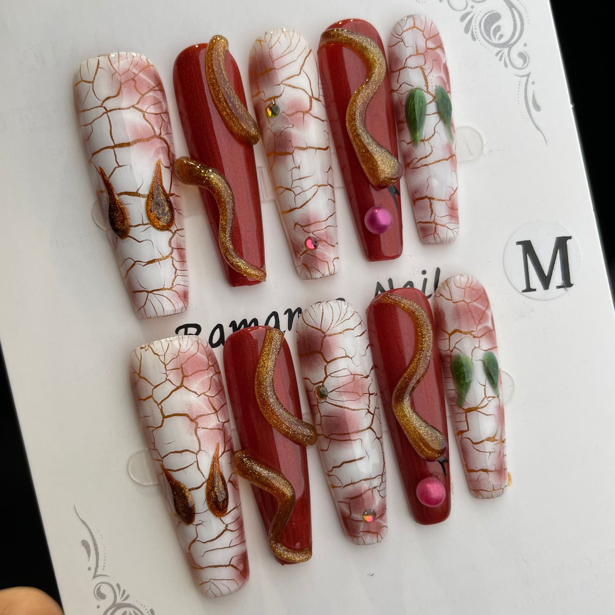 Handmade Press On Nails Extra-Long Coffin Brick red snake scale-YiH