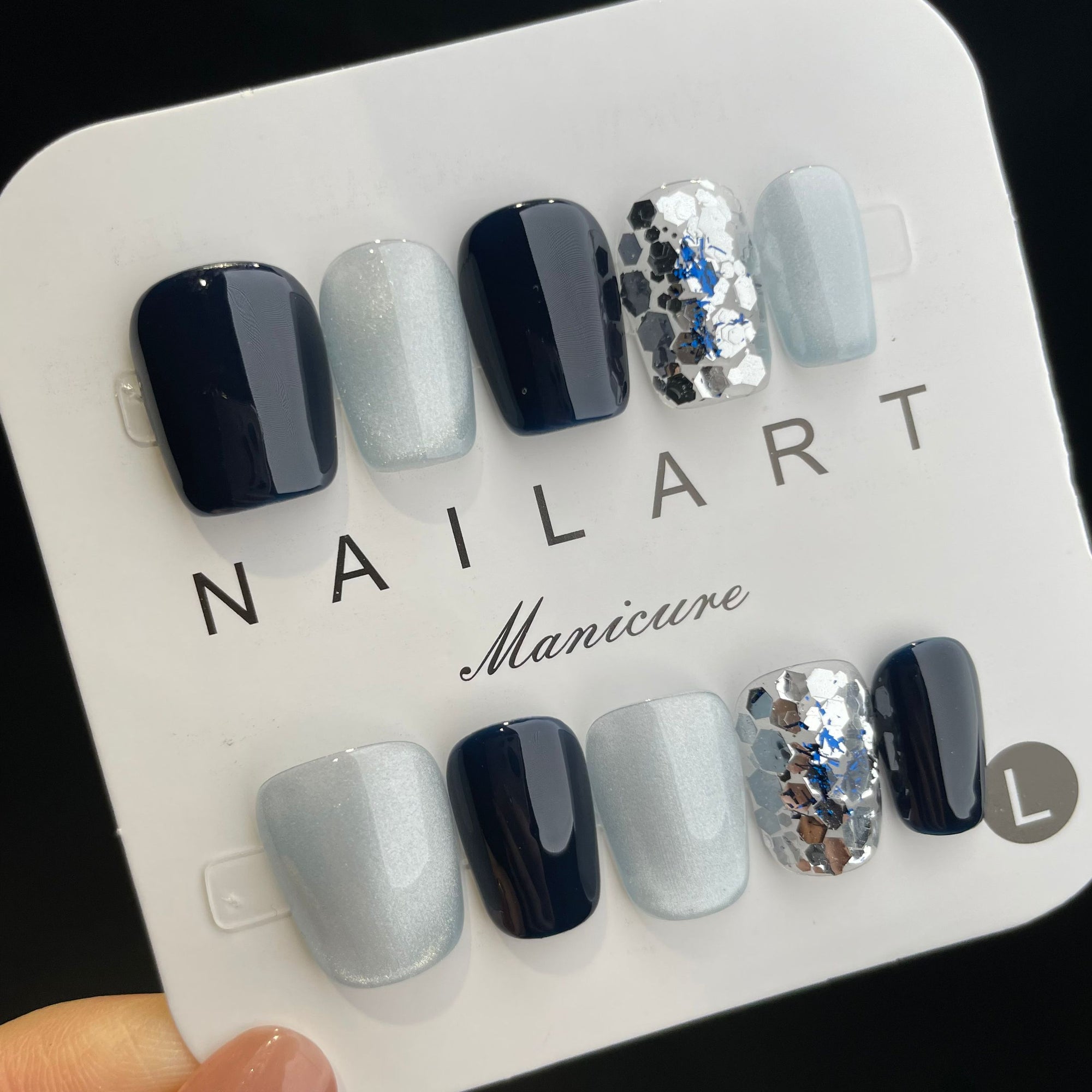 Handmade Press On Nails Short Coffin Blue glitter-YiH