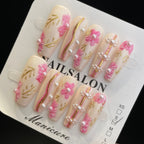 Handmade Press On Nails Long Coffin Pink gold flower-YiH