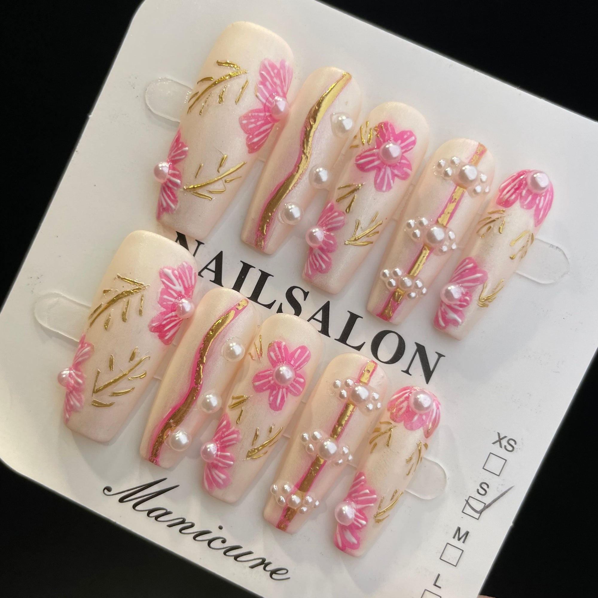 Handmade Press On Nails Long Coffin Pink gold flower-YiH