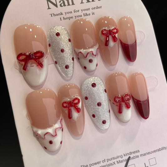 Handmade Press On Nails Long Almond Strawberry cake