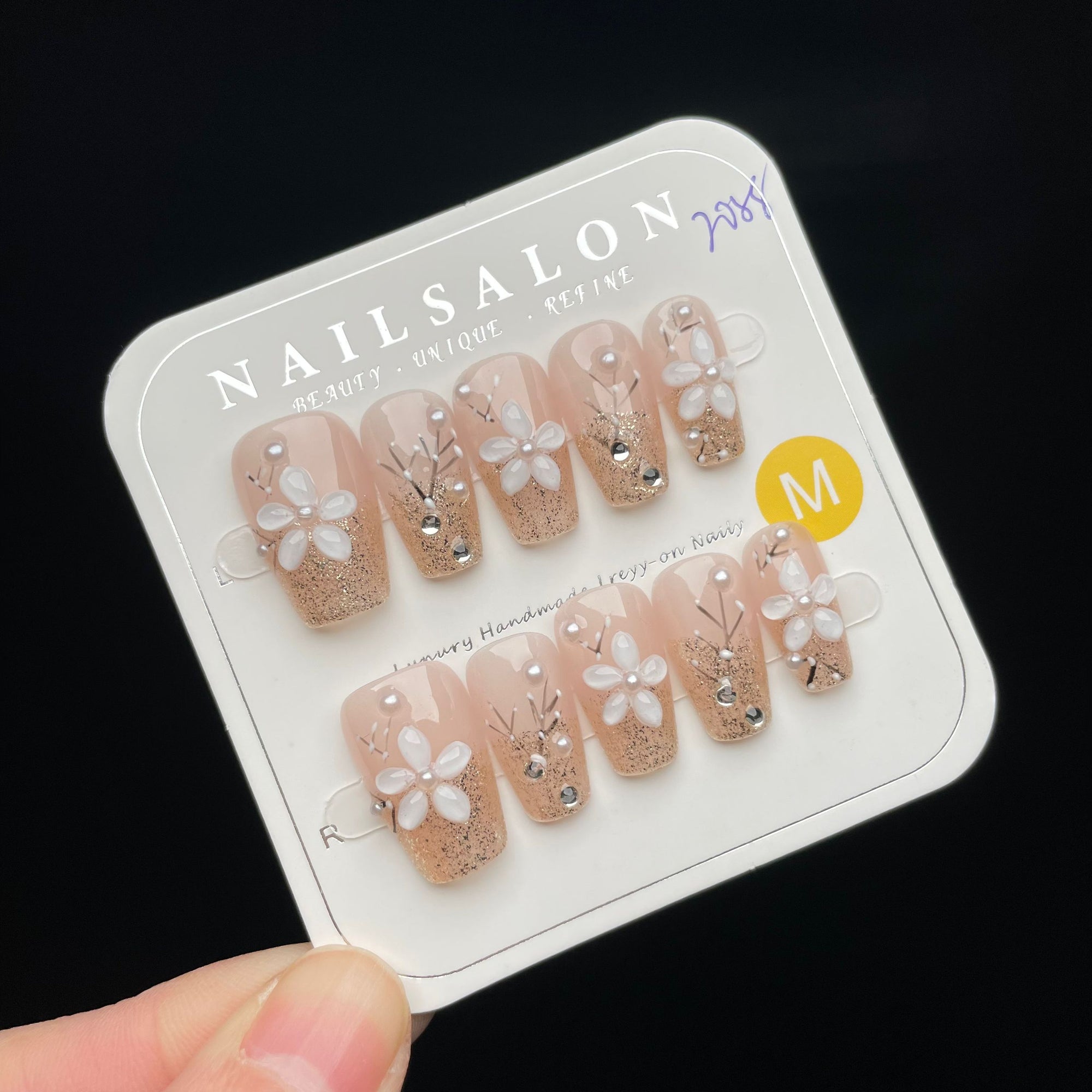 Handmade Press On Nails Medium Coffin Flower bud