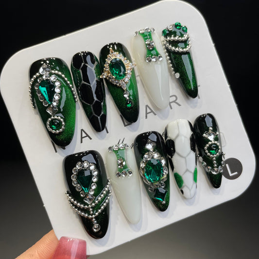 Handmade Press On Nails Long Almond The Emerald Phantom