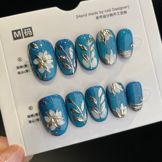 Handmade Press On Nails Short Oval Blue flower