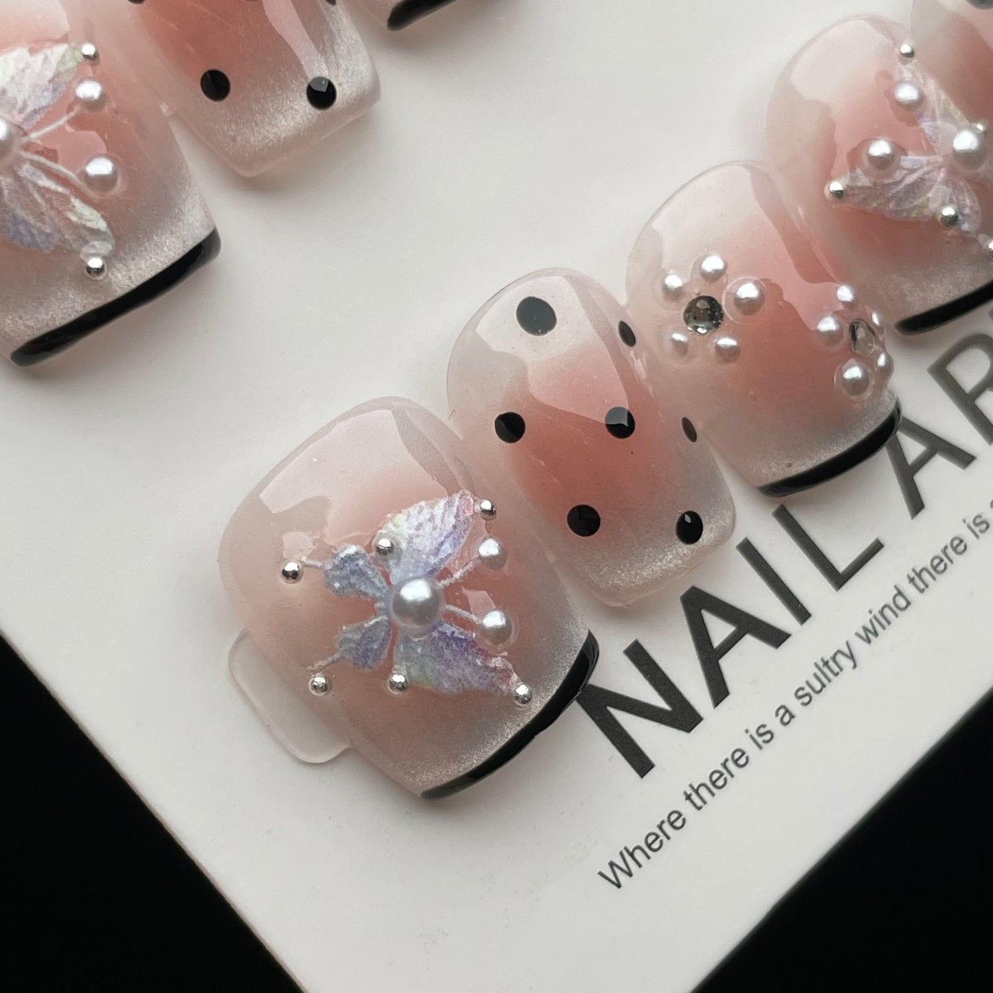 Handmade Press On Nails Short Square Butterfly dot