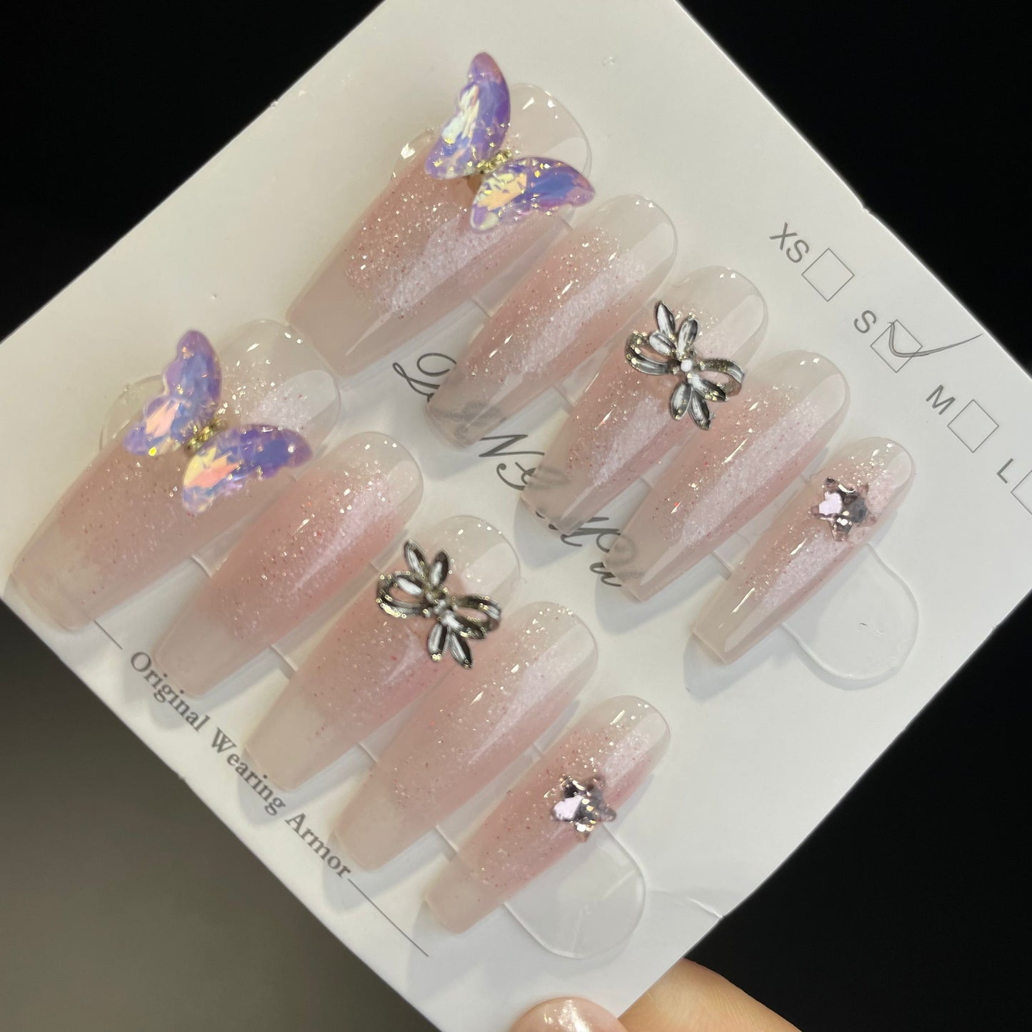 Handmade Press On Nails Long Coffin Three-dimensional butterfly