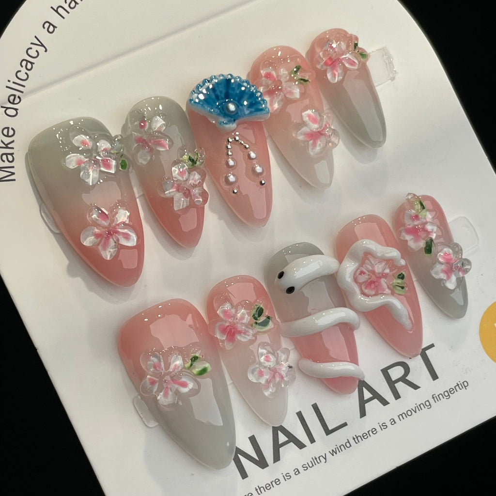 Handmade Press On Nails Long Almond Pink cherry blossom white snake-YiH