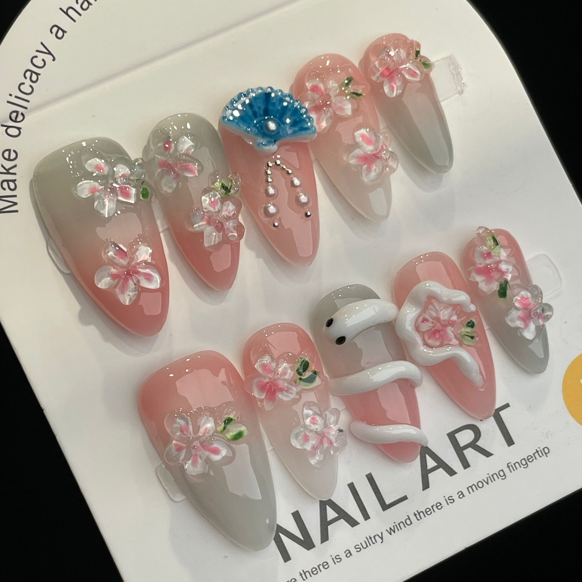 Handmade Press On Nails Long Almond Pink cherry blossom white snake-YiH