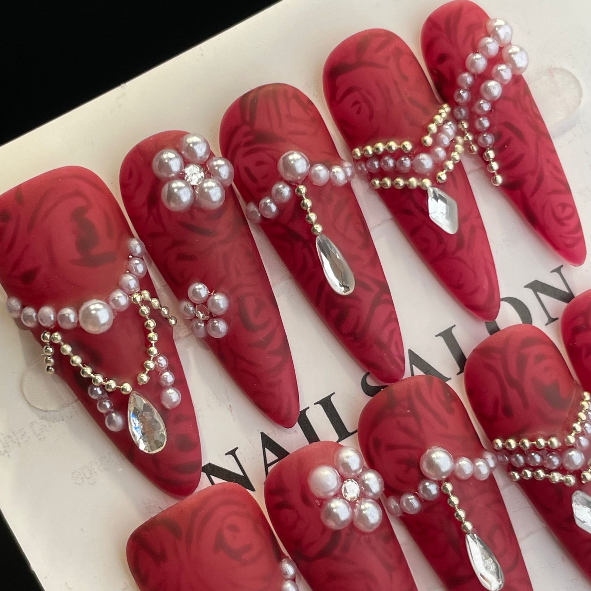 Handmade Press On Nails Long Stiletto Magnificent red diamond-YiH