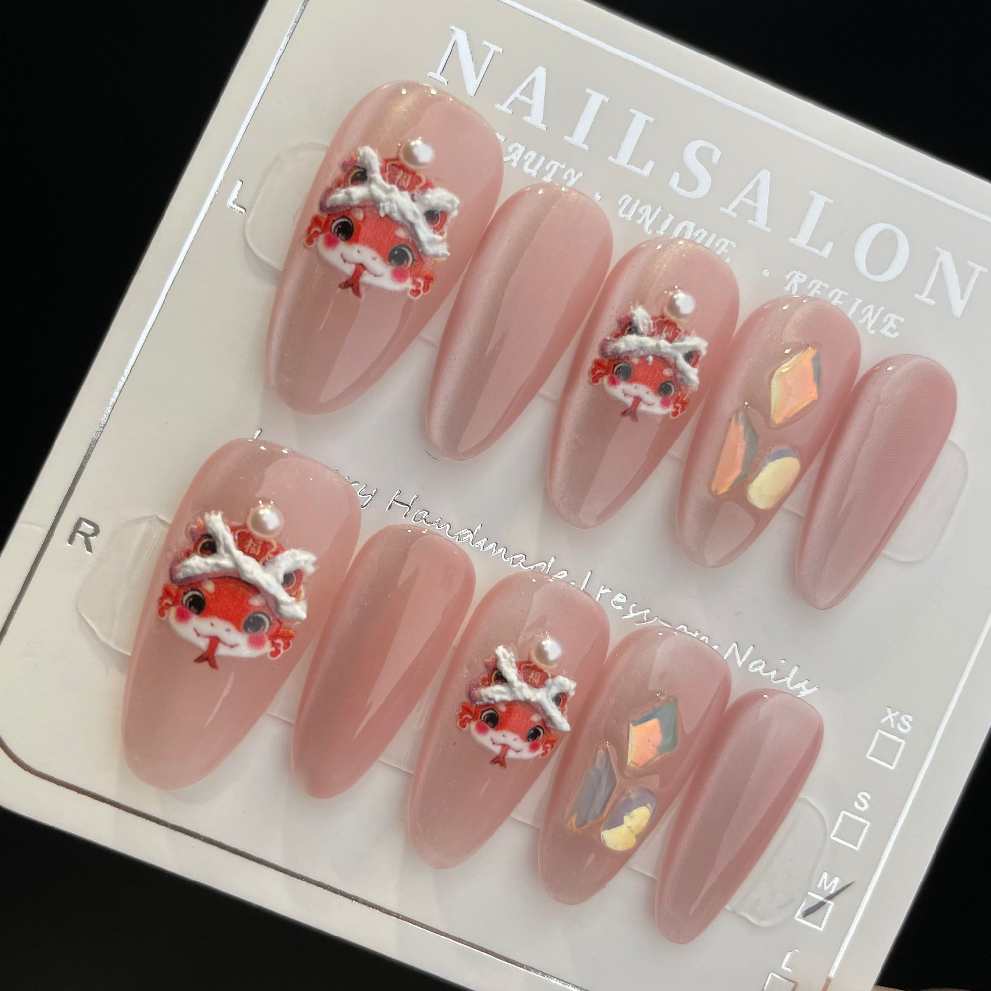 Handmade Press On Nails Long Almond Lucky little snake-YiH