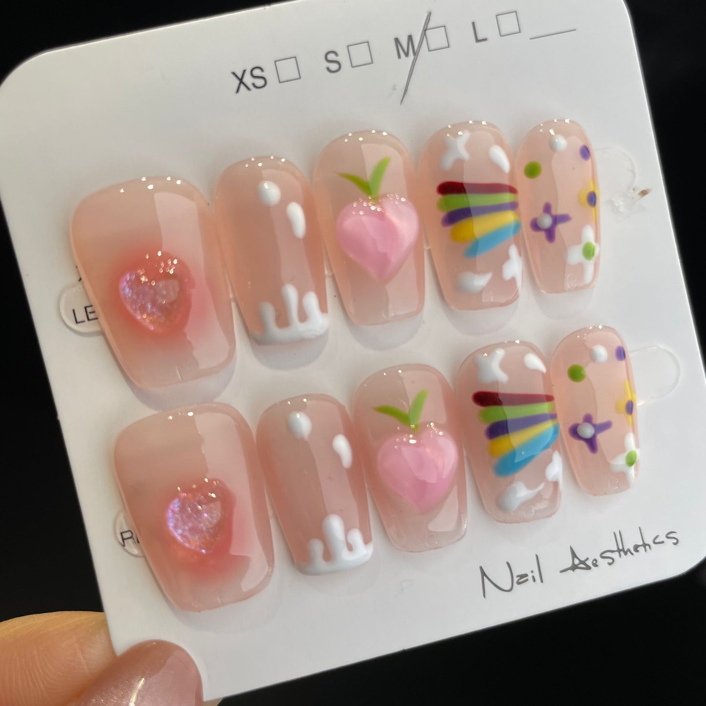 Handmade Press On Nails Medium Coffin A rainbow peach