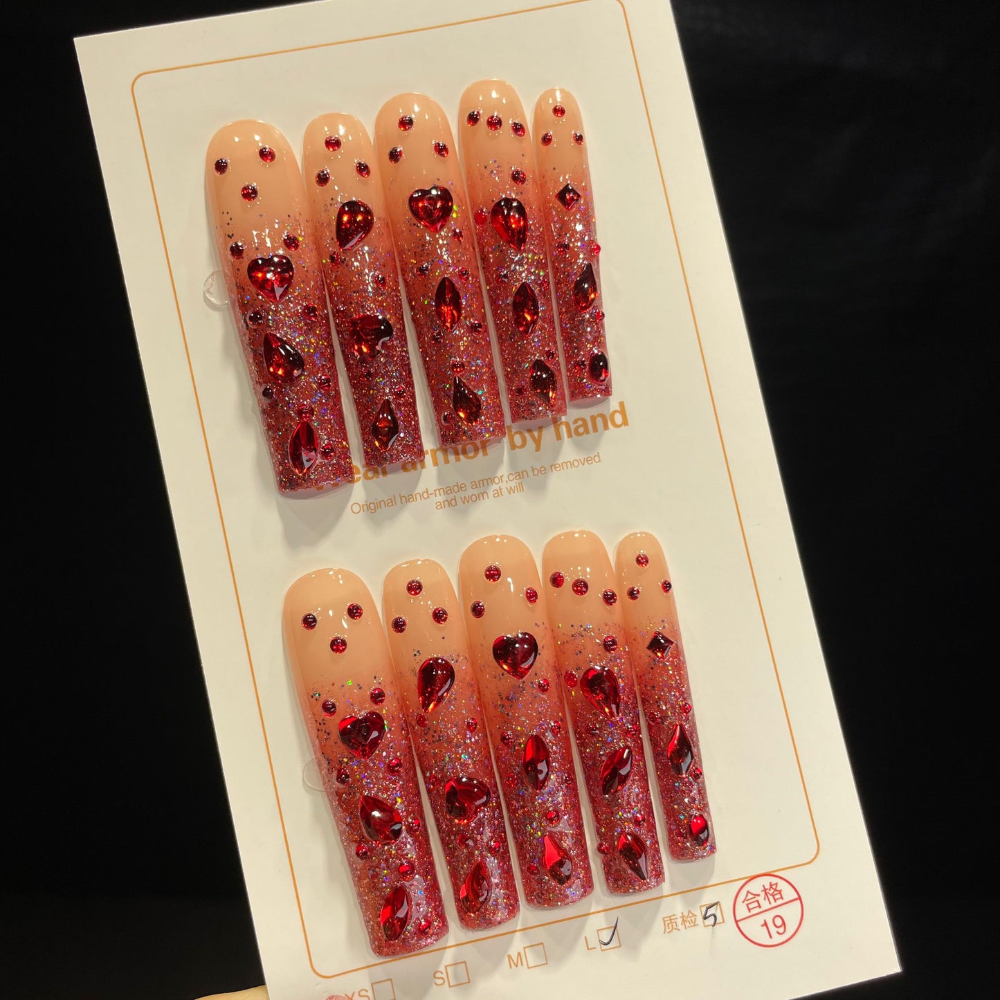 Handmade Press On Nails Extra-Long Coffin Ruby-like