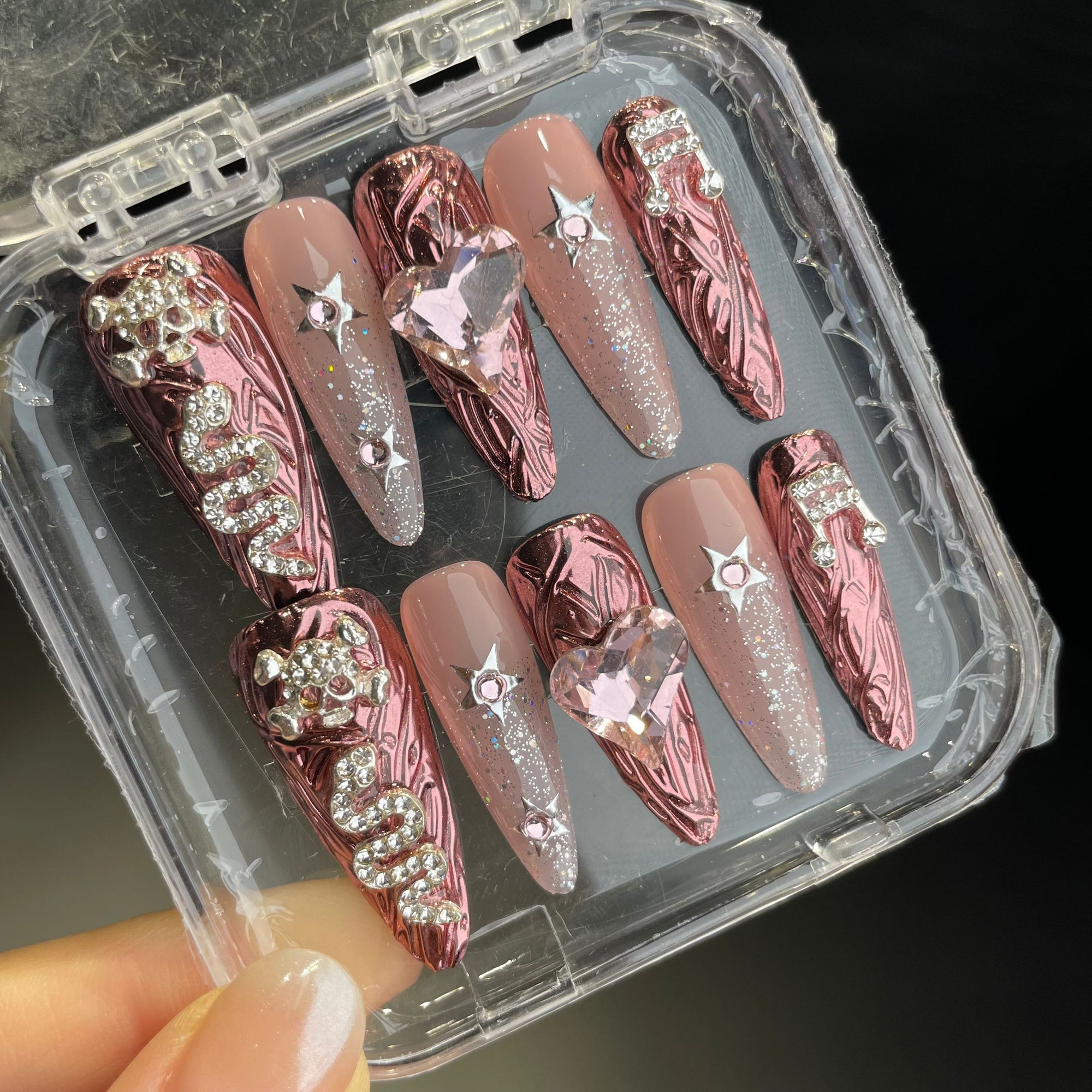 Handmade Press On Nails Long Stiletto Pink heart skull