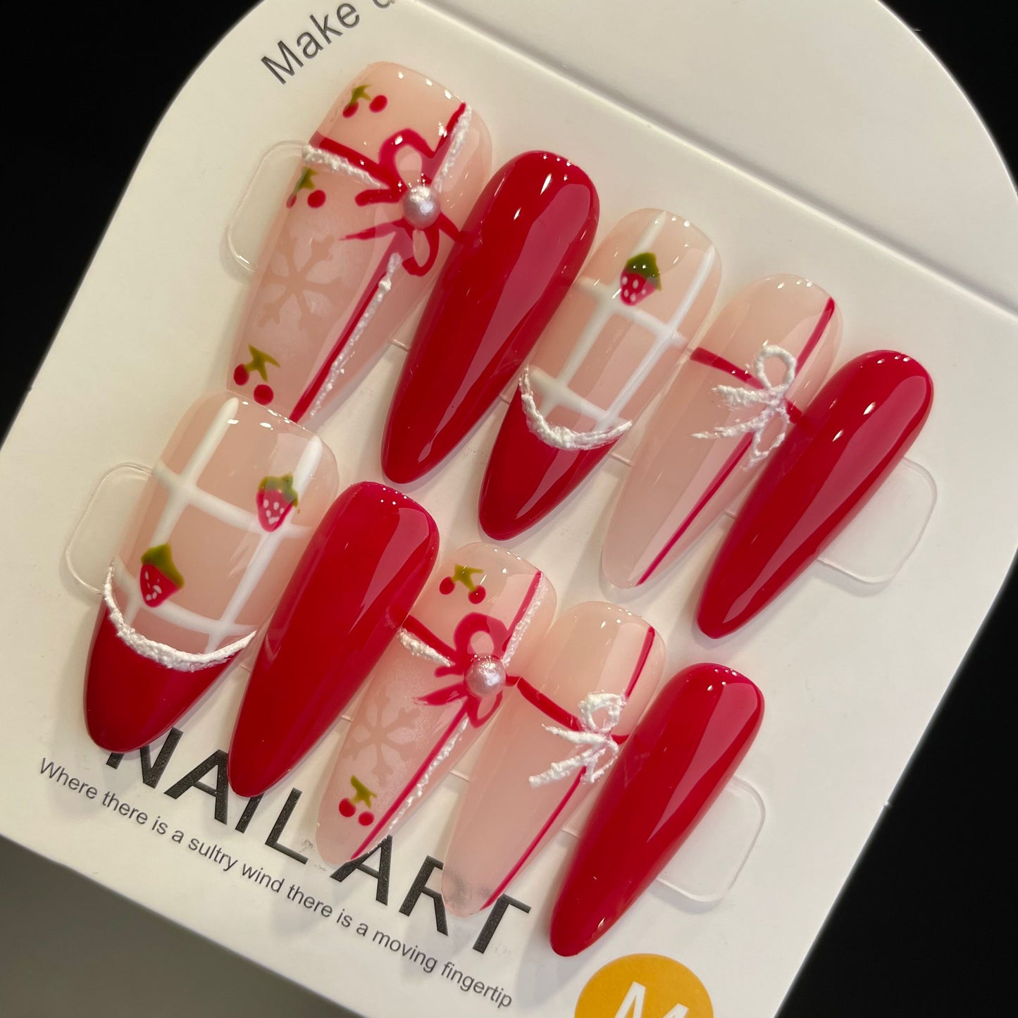 Handmade Press On Nails Long Stiletto Strawberry gift set