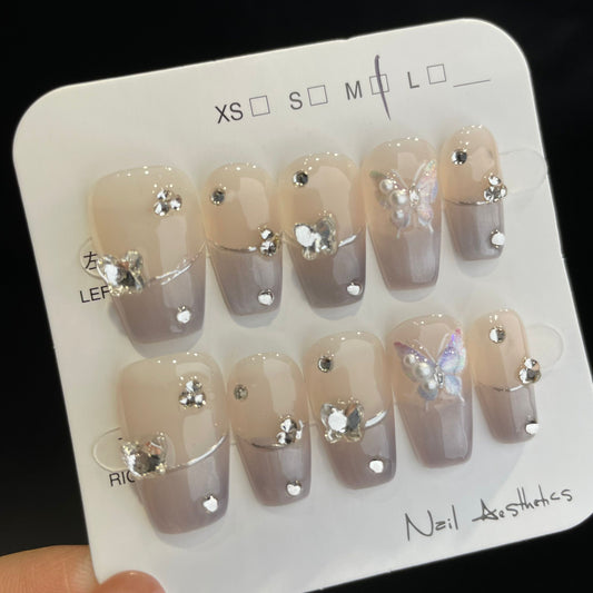 Handmade Press On Nails Medium Coffin French butterfly