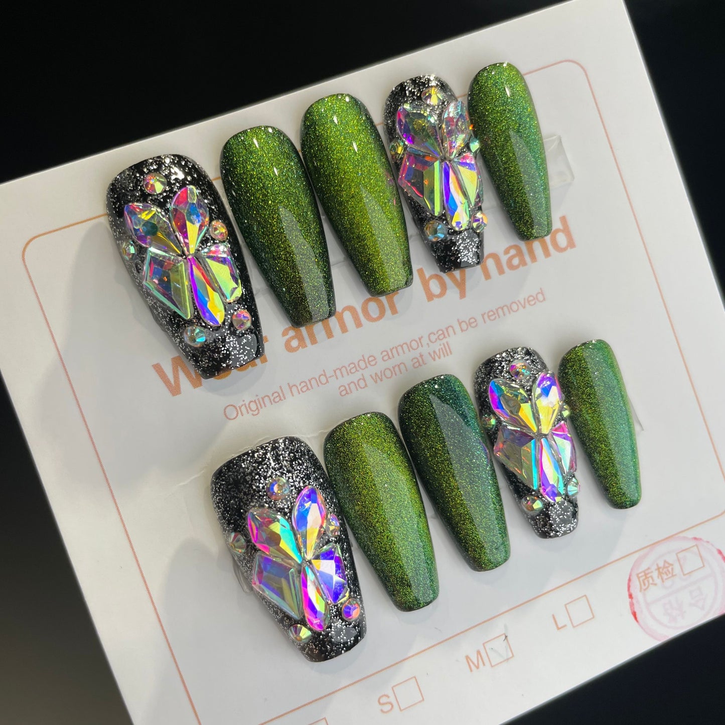 Handmade Press On Nails Long Coffin Green Demon