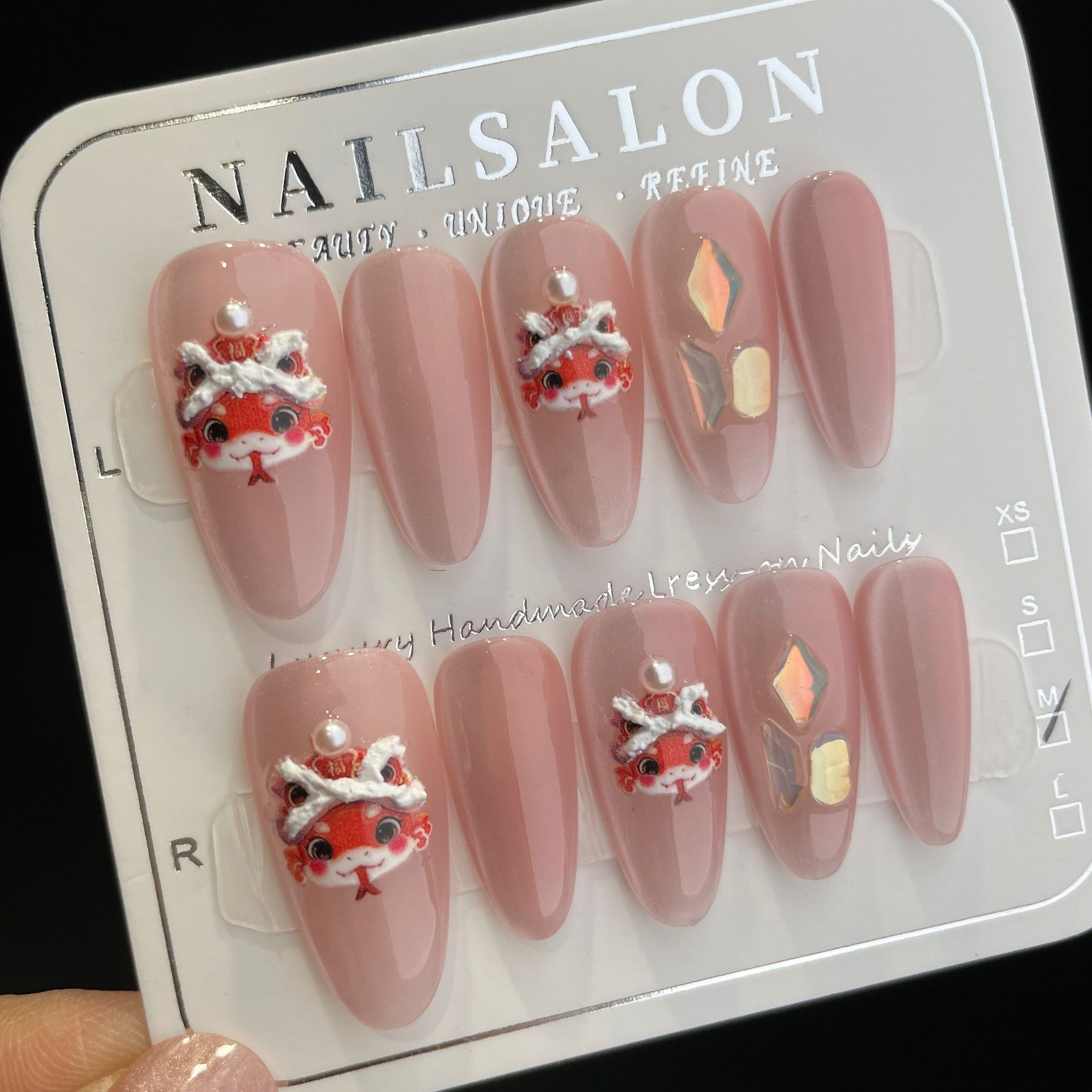 Handmade Press On Nails Long Almond Lucky little snake-YiH