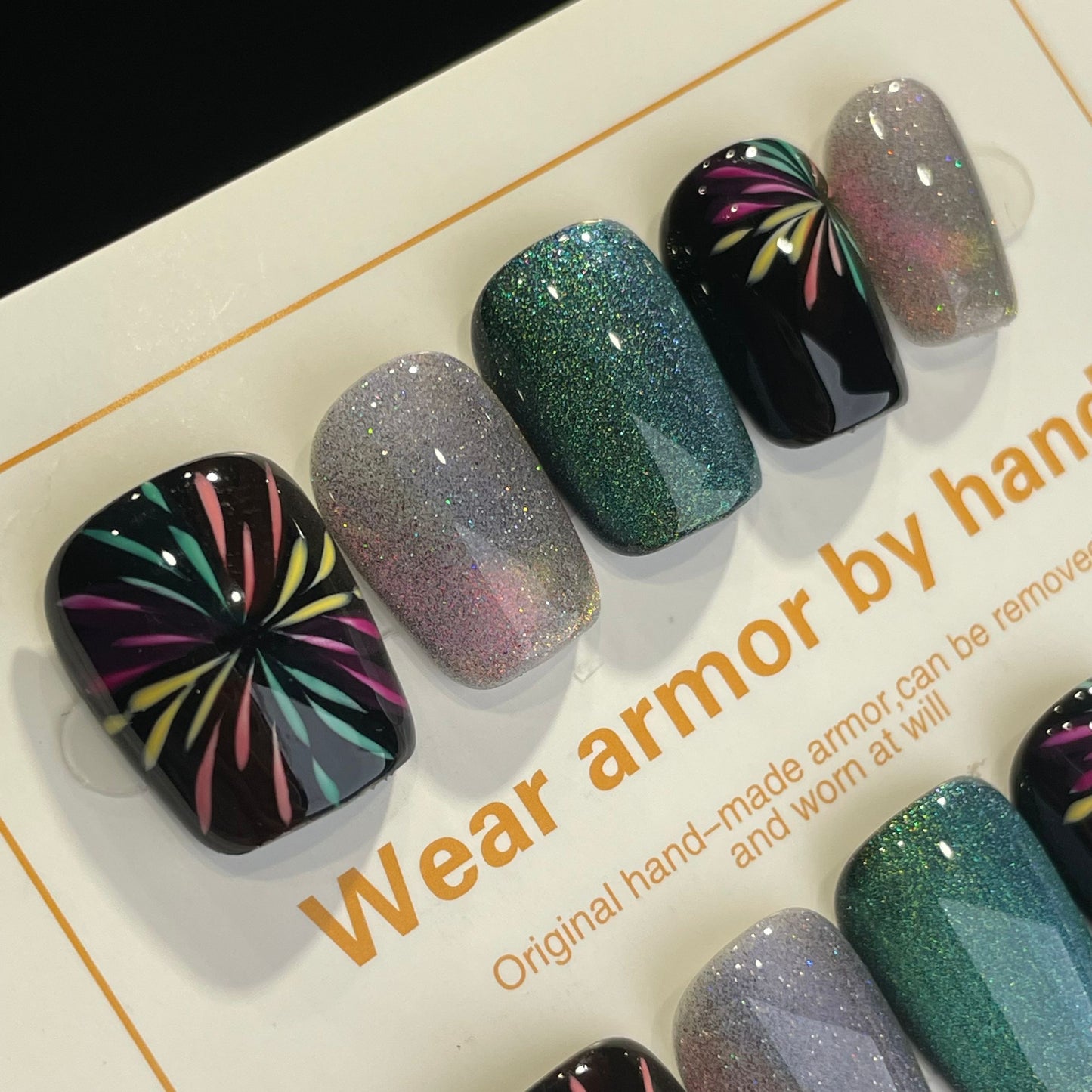 Handmade Press On Nails Short Square Fireworks in full bloom